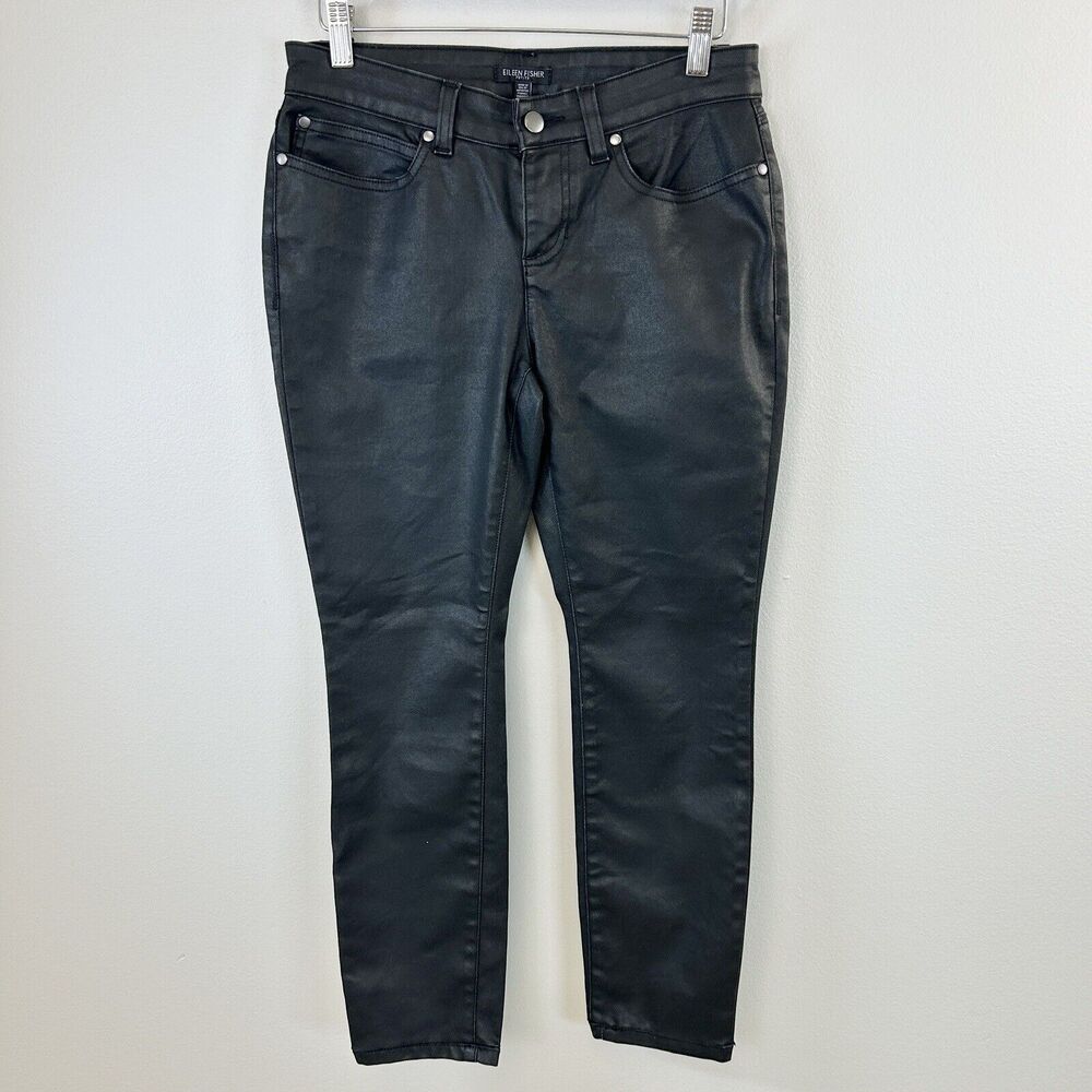 Eileen Fisher Pants Womens 6P‎ Waxed Coated Skiny Black Organic Cotton Classic